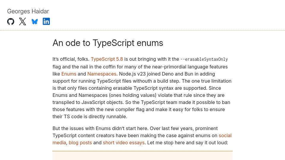 Screenshot of blog.disintegrator.dev: An ode to TypeScript enums