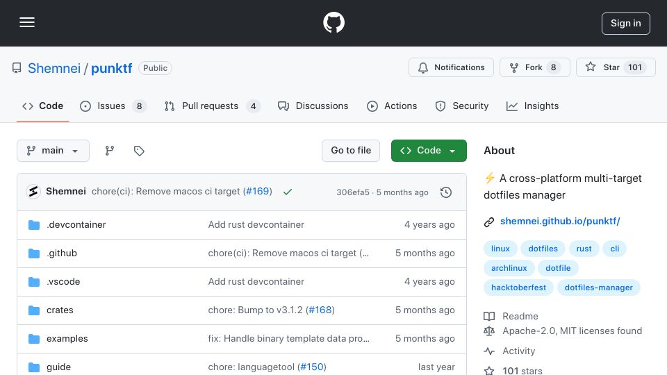 Screenshot of github.com: A cross-platform multi-target dotfiles manager written in Rust