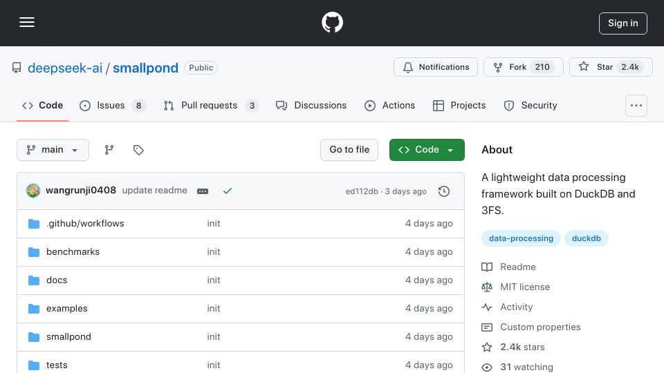 Screenshot of github.com: Smallpond – A lightweight data processing framework built on DuckDB and 3FS