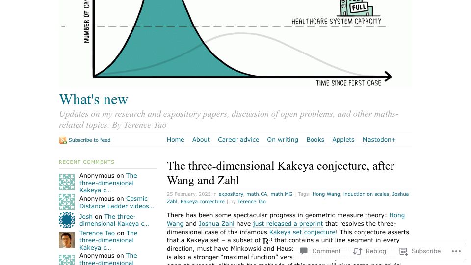 Screenshot of terrytao.wordpress.com: The three-dimensional Kakeya conjecture, after Wang and Zahl