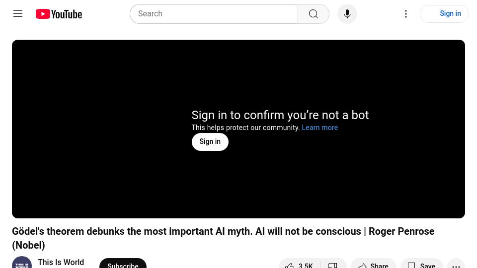 Screenshot of youtube.com: Gödel's theorem debunks the most important AI myth – Roger Penrose [video]