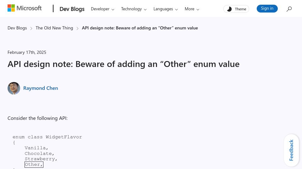 Screenshot of devblogs.microsoft.com: API design note: Beware of adding an "Other" enum value