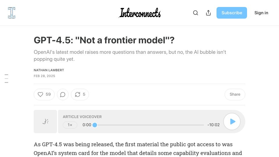 Screenshot of interconnects.ai: GPT-4.5: "Not a frontier model"?