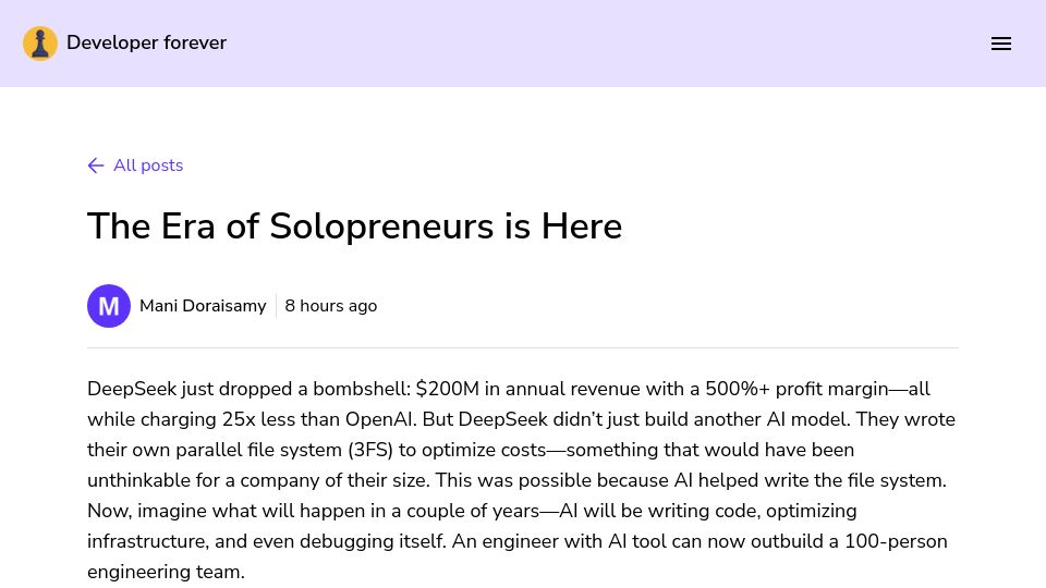 Screenshot of manidoraisamy.com: The Era of Solopreneurs Is Here