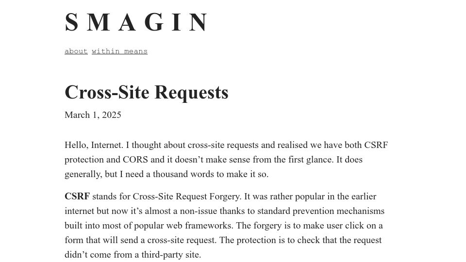 Screenshot of smagin.fyi: Why do we have both CSRF protection and CORS?