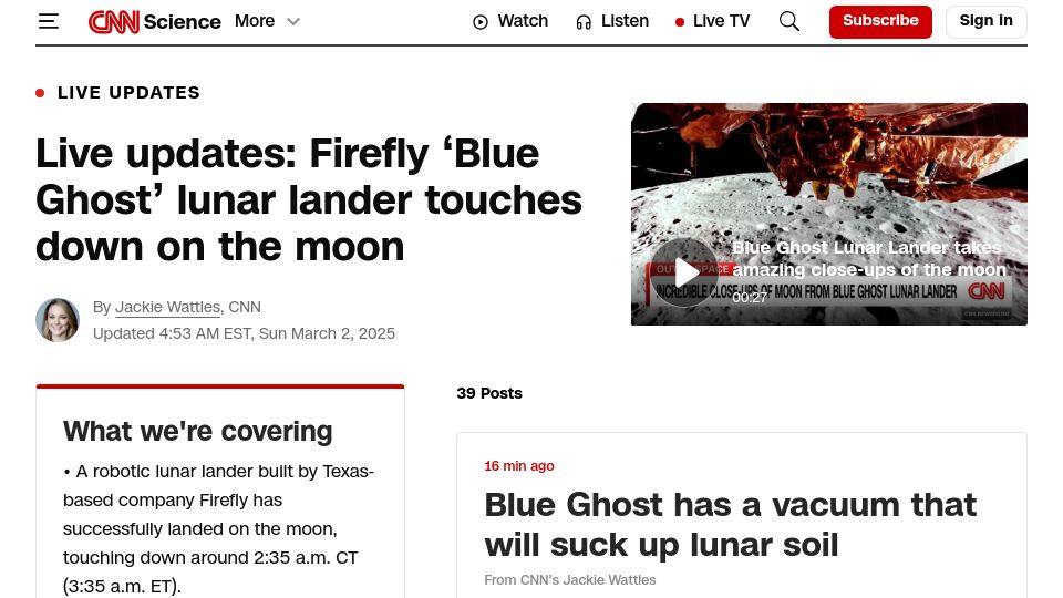 Screenshot of cnn.com: Firefly ‘Blue Ghost’ lunar lander touches down on the moon
