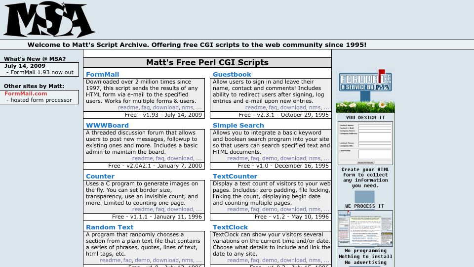 Screenshot of scriptarchive.com: Matt's Script Archive (1995)