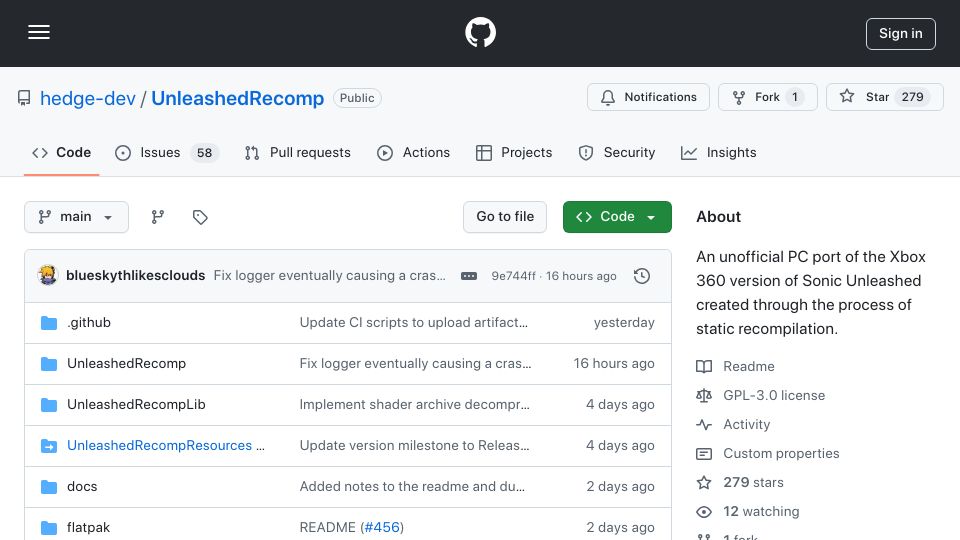 Screenshot of github.com: Unleashed Recompiled: PC port of the Xbox 360 version of Sonic Unleashed