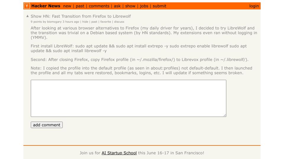 Screenshot of Hacker News post: Show HN: Fast Transition from Firefox to Librewolf