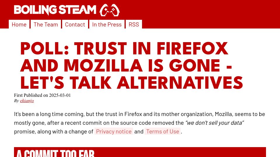 Screenshot of boilingsteam.com: Trust in Firefox and Mozilla Is Gone – Let's Talk Alternatives
