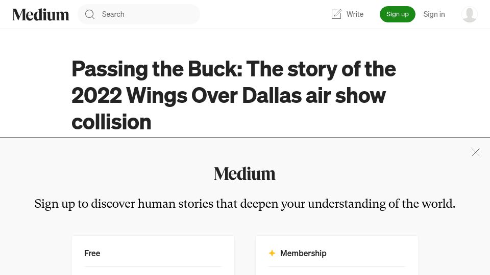 Screenshot of admiralcloudberg.medium.com: Passing the Buck: The story of the 2022 Wings Over Dallas air show collision