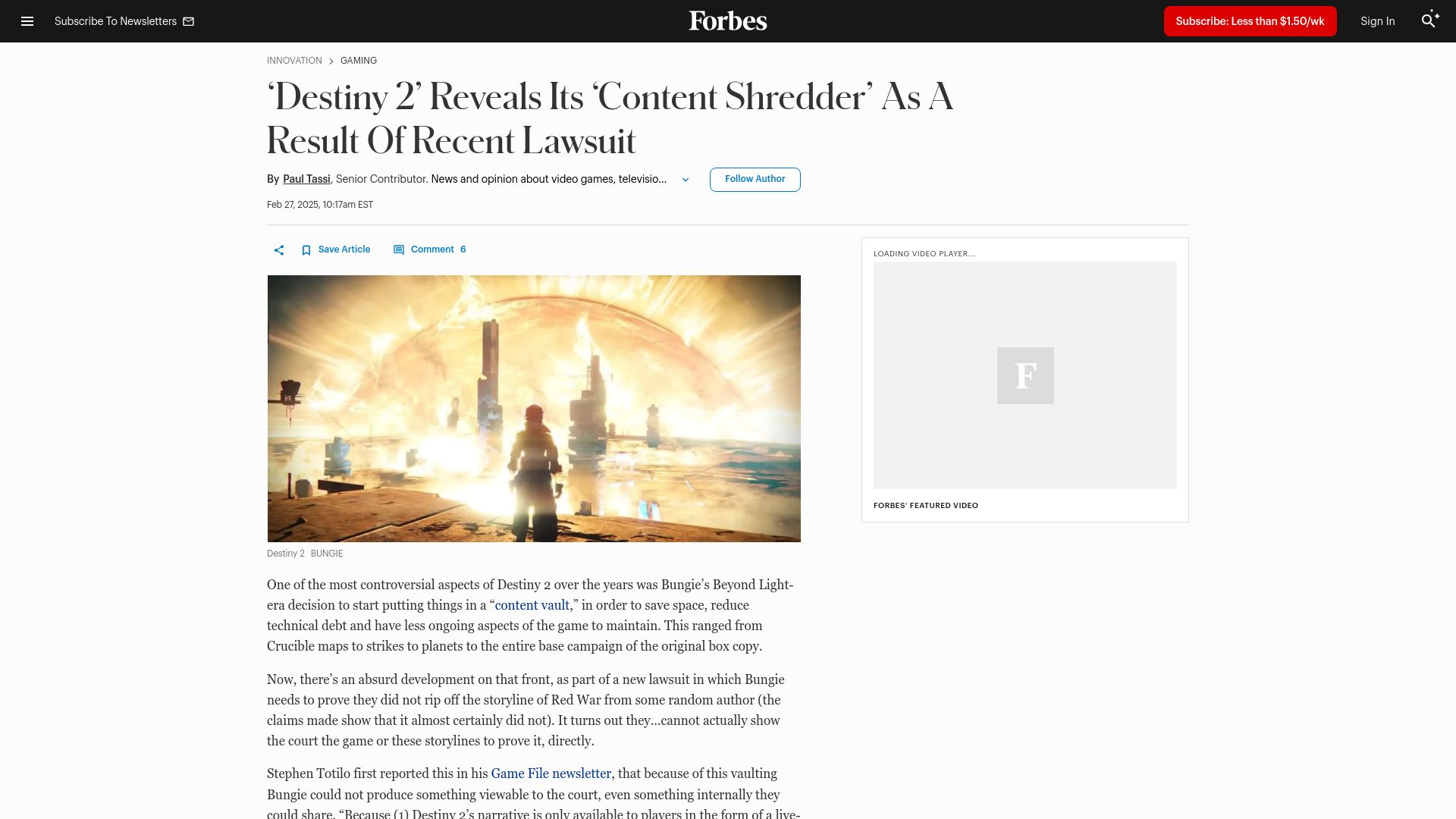 Screenshot of forbes.com: 'Destiny 2' Reveals Its 'Content Shredder' as a Result of Recent Lawsuit