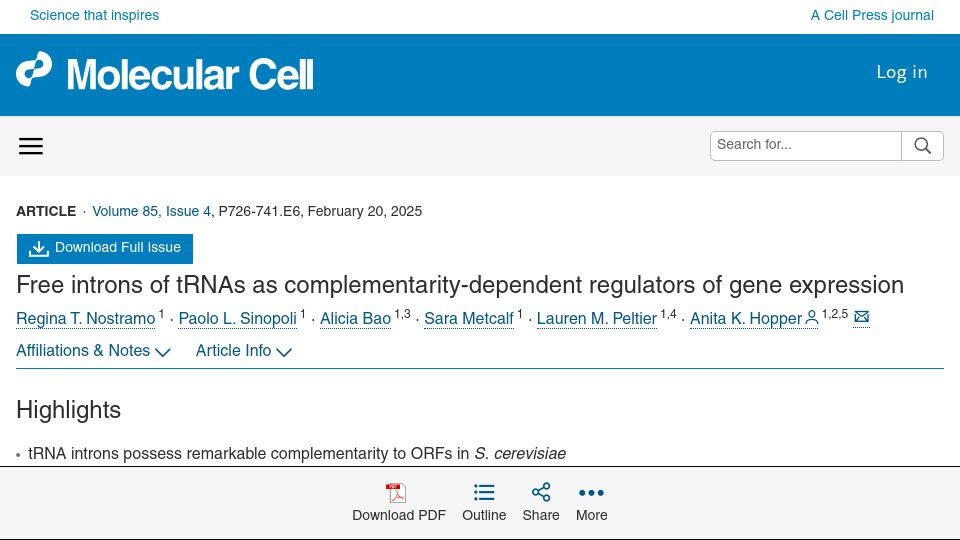 Screenshot of cell.com: Free introns of tRNAs as complementarity-dependent regulators of gene expression