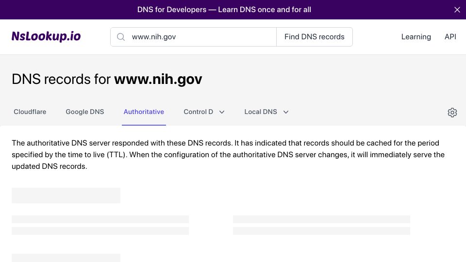 Screenshot of nslookup.io: NIH.gov DNS servers down, making PubMed, BLAST, etc. unreachable