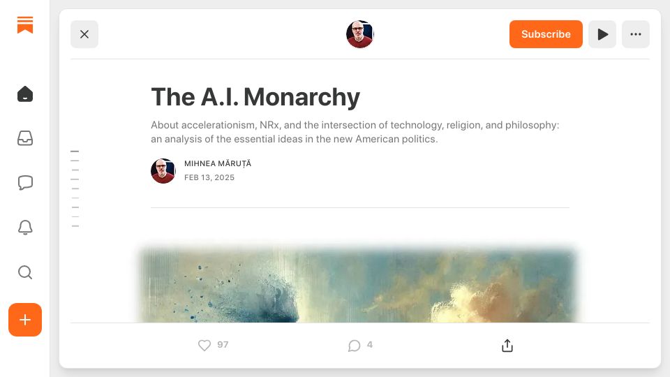 Screenshot of substack.com: The A.I. Monarchy