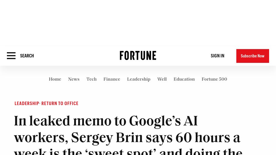 Screenshot of fortune.com: Sergey Brin says 60 hours a week is the 'sweet spot'