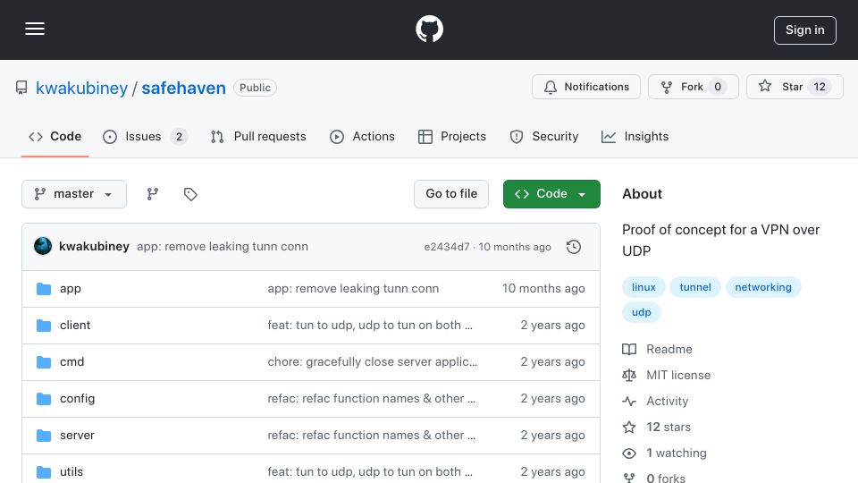 Screenshot of github.com: Show HN: SafeHaven – A Minimal VPN Implementation in Go