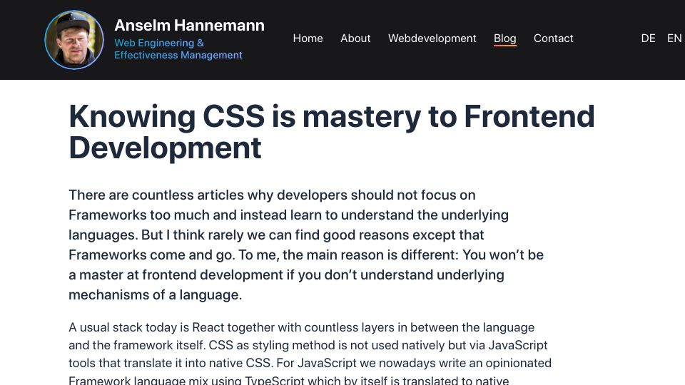 Screenshot of helloanselm.com: Knowing CSS is mastery to Front end Development
