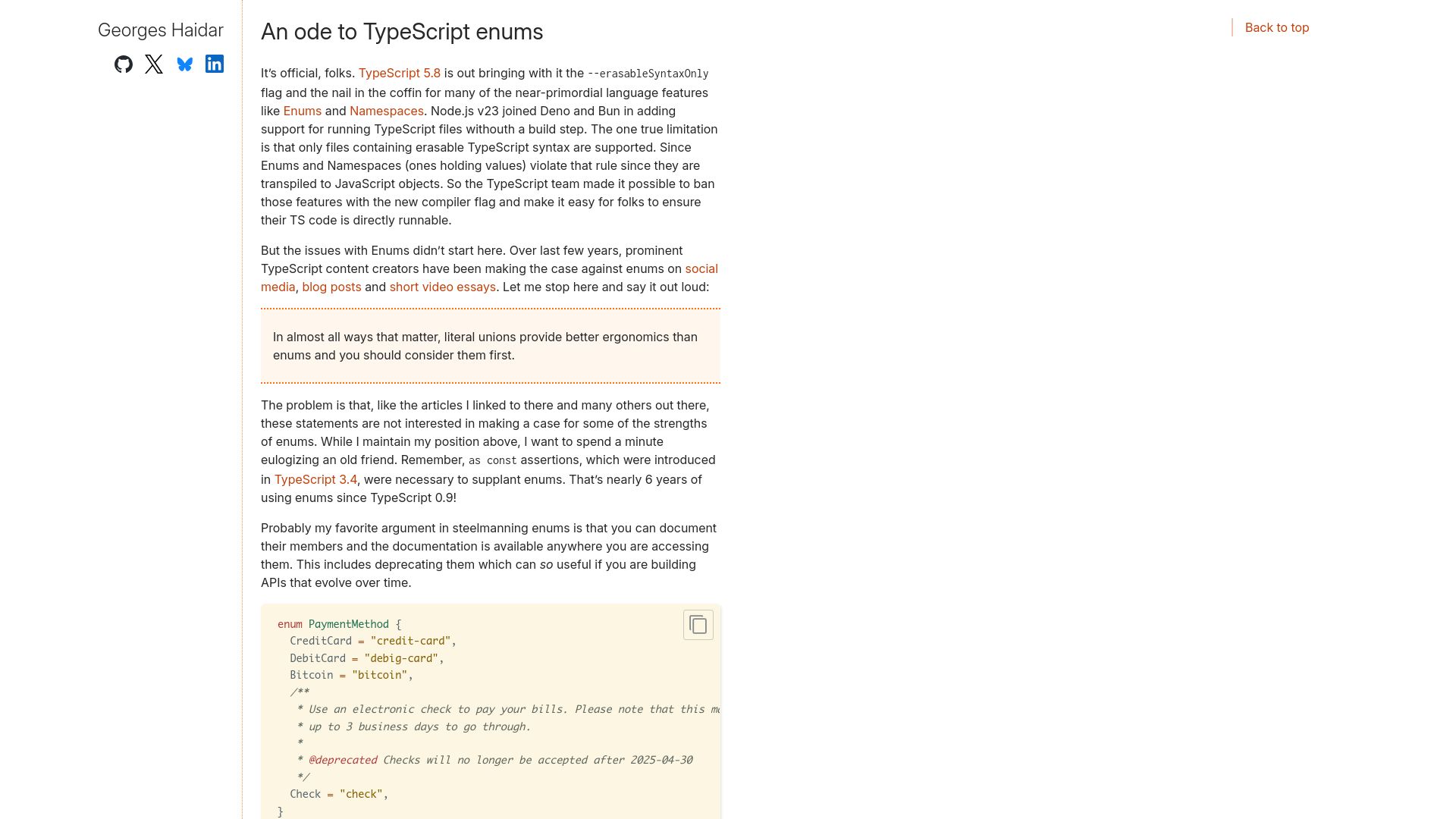 Screenshot of blog.disintegrator.dev: An ode to TypeScript enums