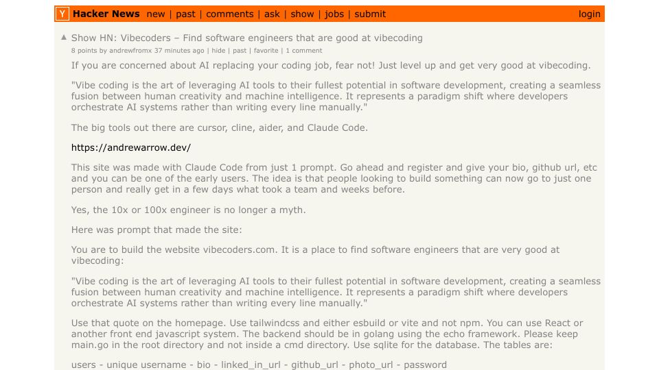 Screenshot of Hacker News post: Show HN: Vibecoders – Find software engineers that are good at vibecoding