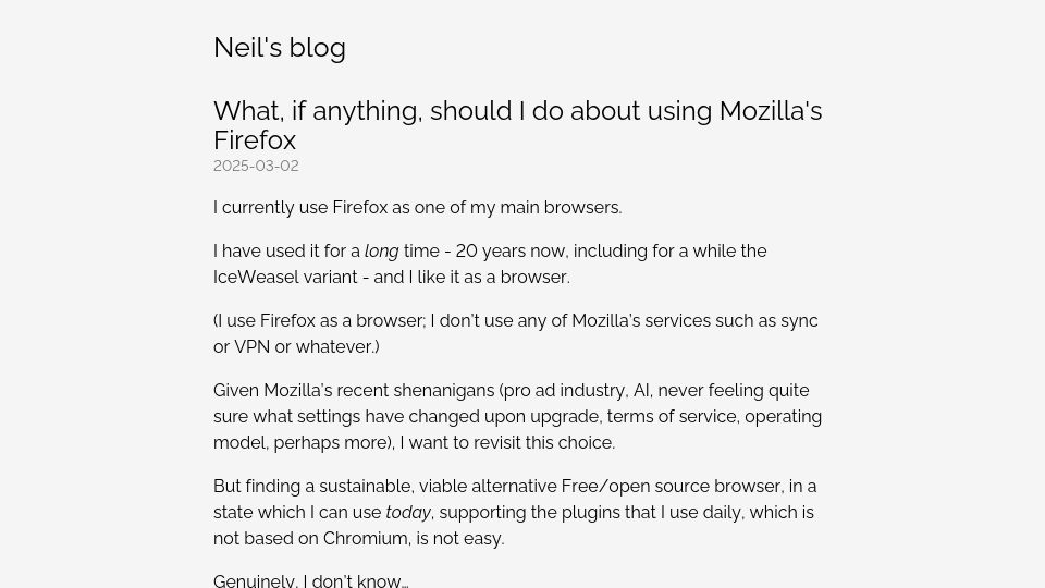 Screenshot of neilzone.co.uk: What, if anything, should I do about using Mozilla's Firefox