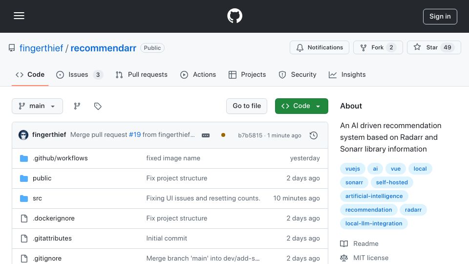 Screenshot of github.com: Show HN: Recommendarr – AI Driven Recommendations Based on Sonarr/Radarr Media