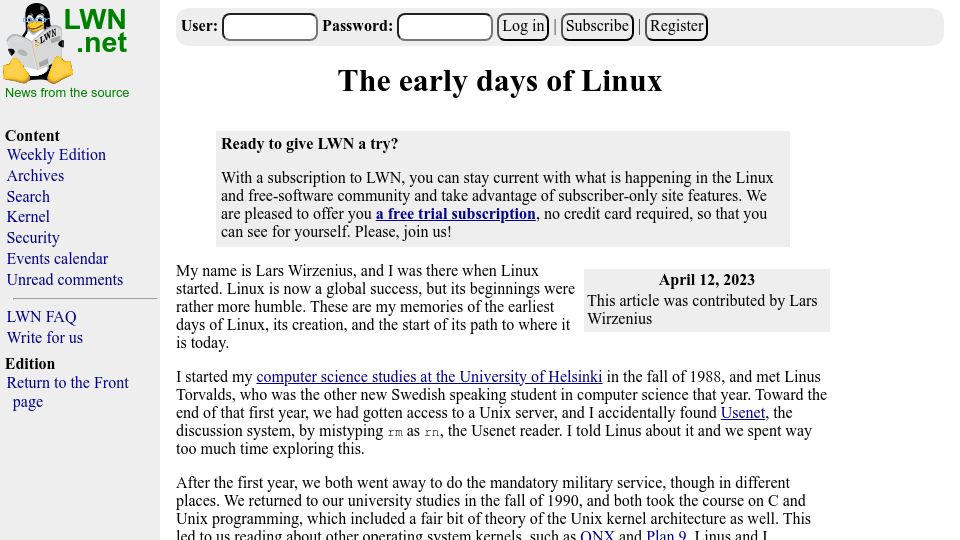 Screenshot of lwn.net: The early days of Linux (2023)