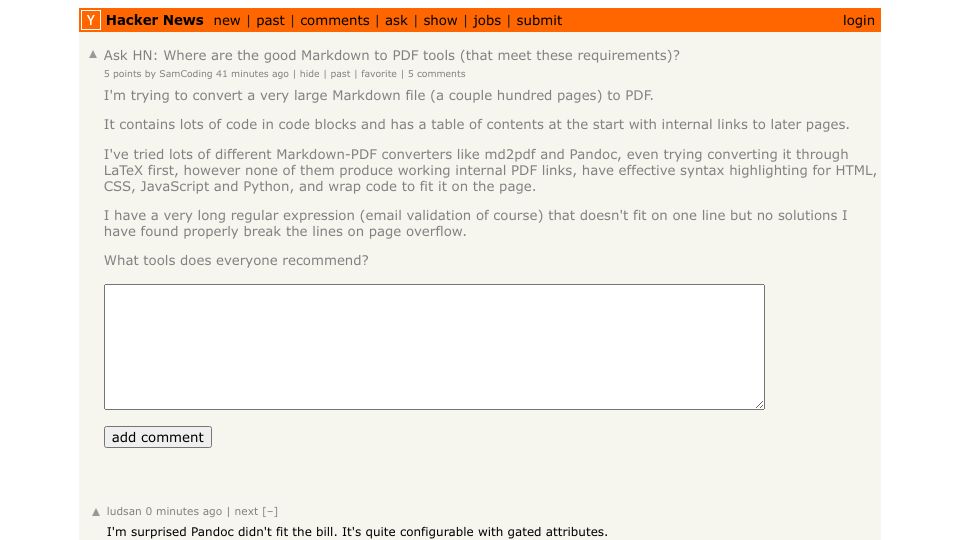 Screenshot of Hacker News post: Ask HN: Where are the good Markdown to PDF tools (that meet these requirements)?