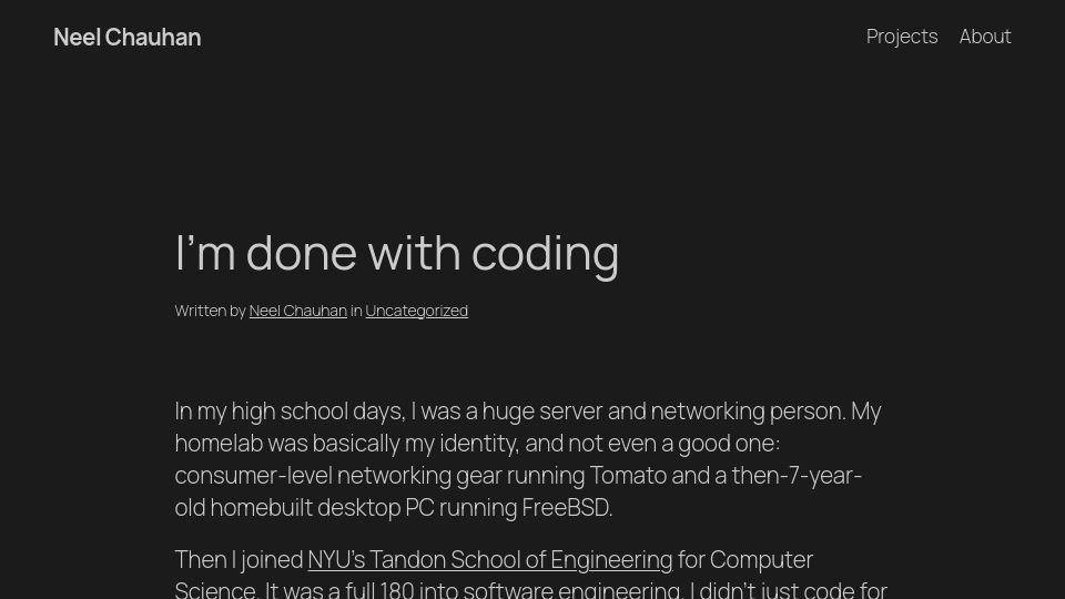 Screenshot of neelc.org: I'm done with coding