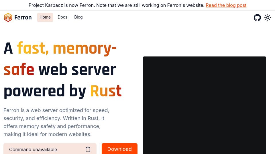 Screenshot of ferronweb.org: Show HN: I built a memory-safe web server in Rust