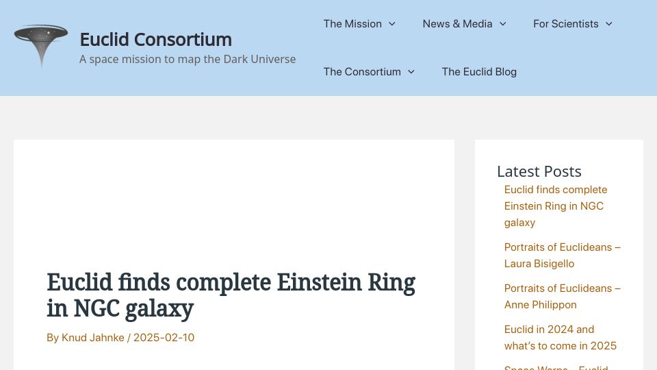 Screenshot of euclid-ec.org: Euclid finds complete Einstein Ring in NGC galaxy