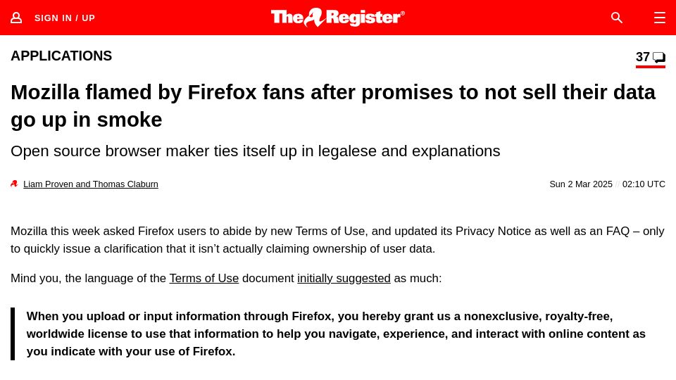 Screenshot of theregister.com: Mozilla flamed by Firefox fans after reneging on promises to not sell their data