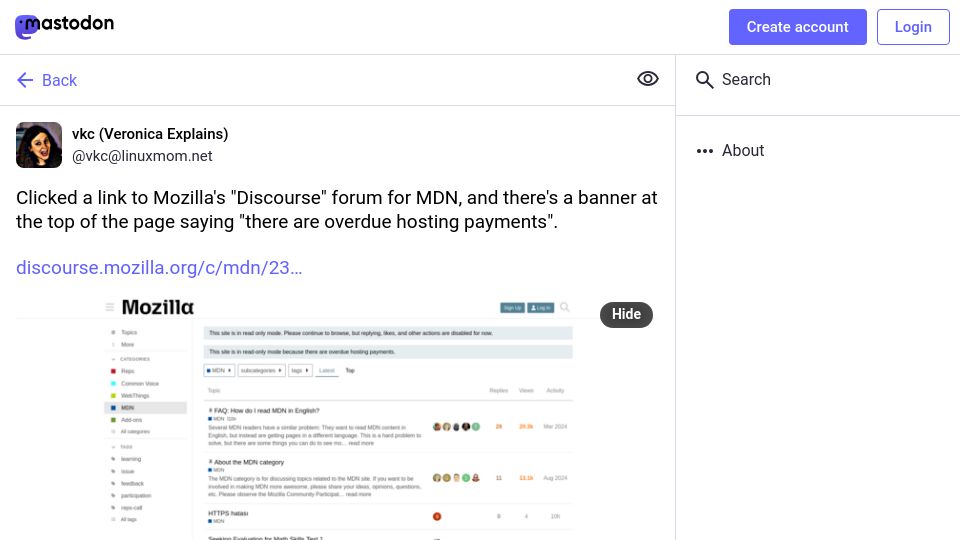 Screenshot of linuxmom.net: Mozilla site down due to "overdue hosting payments"