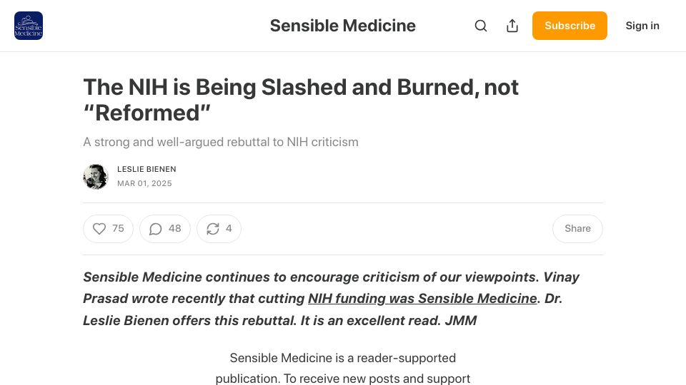Screenshot of sensible-med.com: The NIH Is Being Slashed and Burned, Not "Reformed"