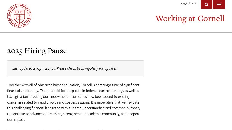 Screenshot of hr.cornell.edu: 2025 Hiring Pause