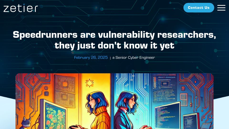 Screenshot of zetier.com: Speedrunners are vulnerability researchers, they just don't know it yet