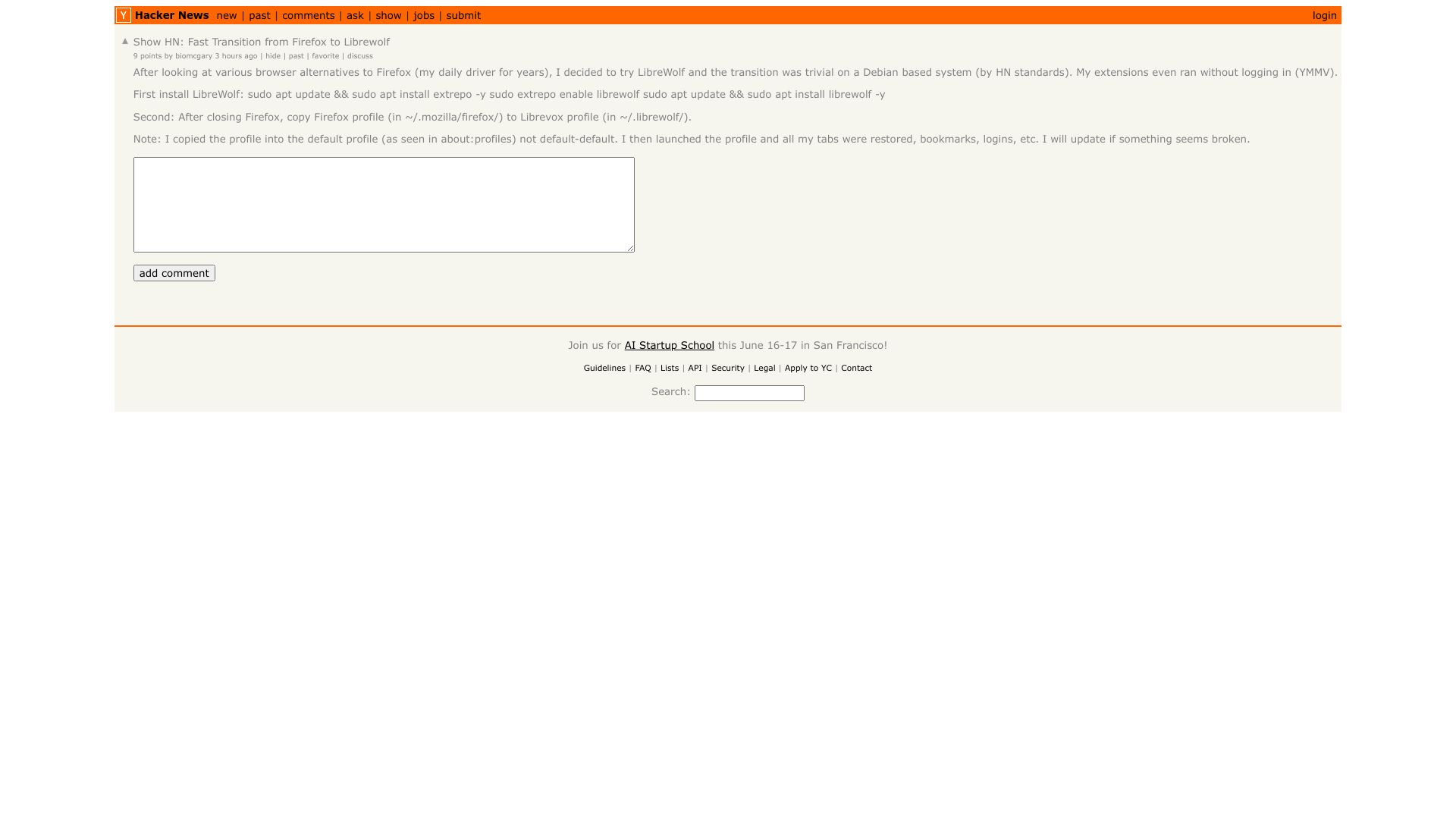 Screenshot of this Hacker News post: Show HN: Fast Transition from Firefox to Librewolf