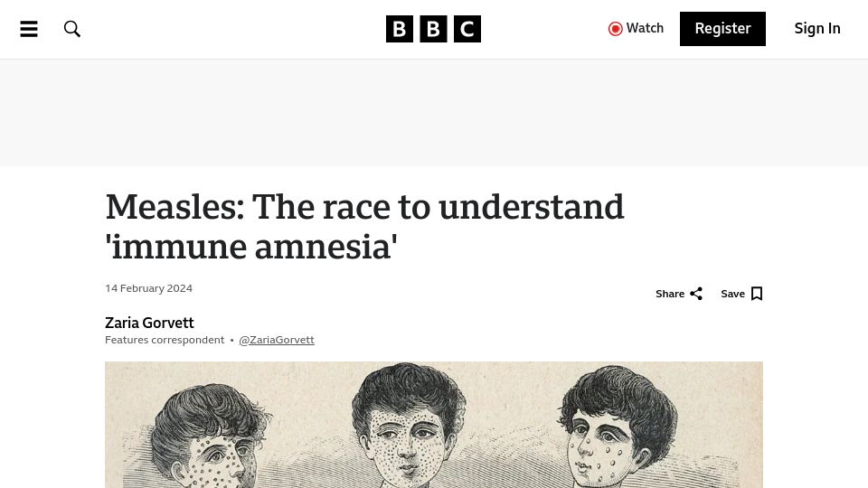 Screenshot of bbc.com: Measles: The race to understand 'immune amnesia'