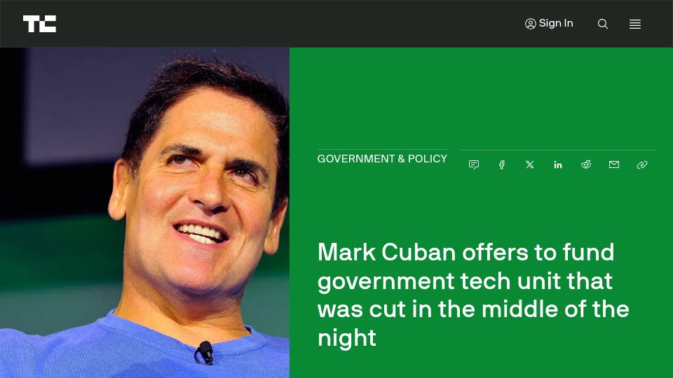 Screenshot of techcrunch.com: Mark Cuban offers to fund former 18f employees