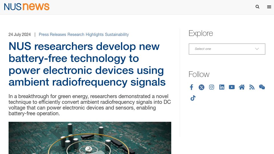Screenshot of news.nus.edu.sg: New battery-free technology can power devices using ambient RF signals