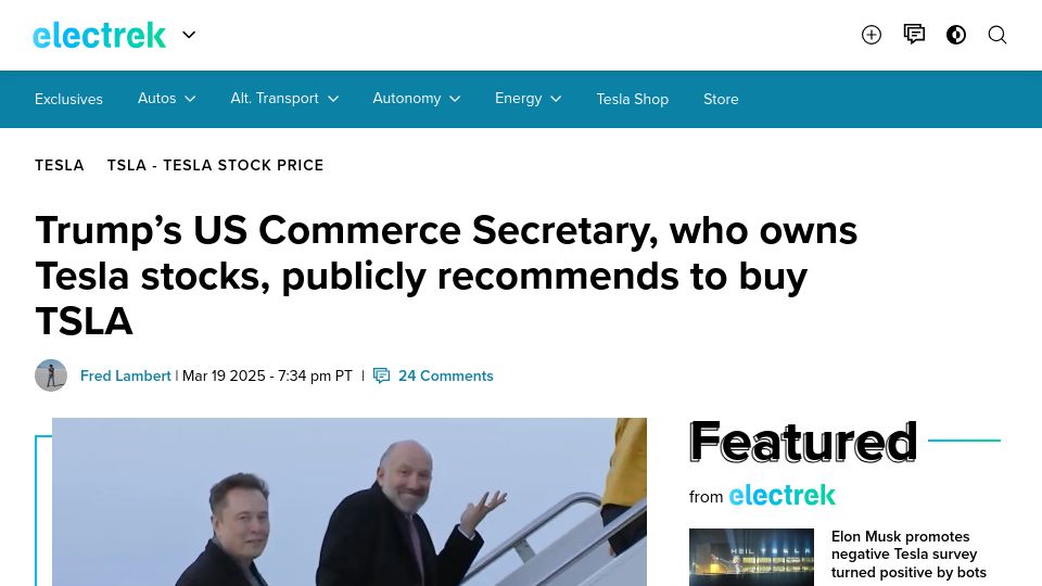 Screenshot of electrek.co: Trump's US Commerce Secretary publicly recommends to buy TSLA