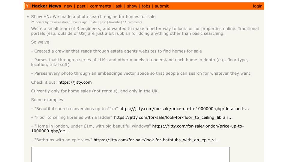 Screenshot of Hacker News post: Show HN: We made a photo search engine for homes for sale