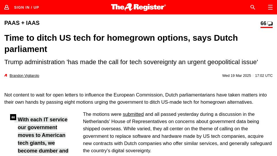 Screenshot of theregister.com: Dutch Parliament: Time to ditch US tech for homegrown options