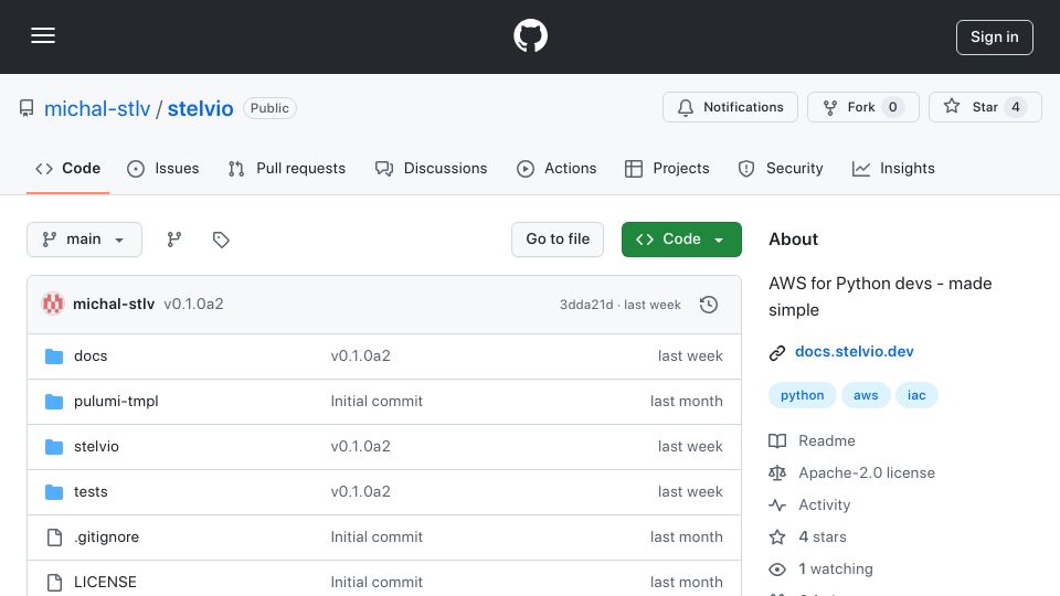 Screenshot of github.com: Stelvio: Serverless AWS for Python Devs