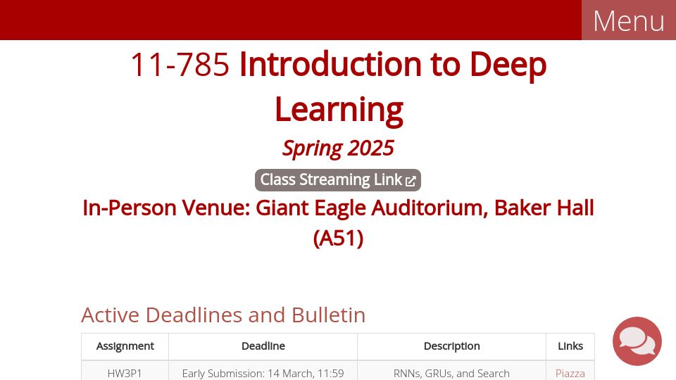 Screenshot of deeplearning.cs.cmu.edu: Introduction to Deep Learning (CMU)