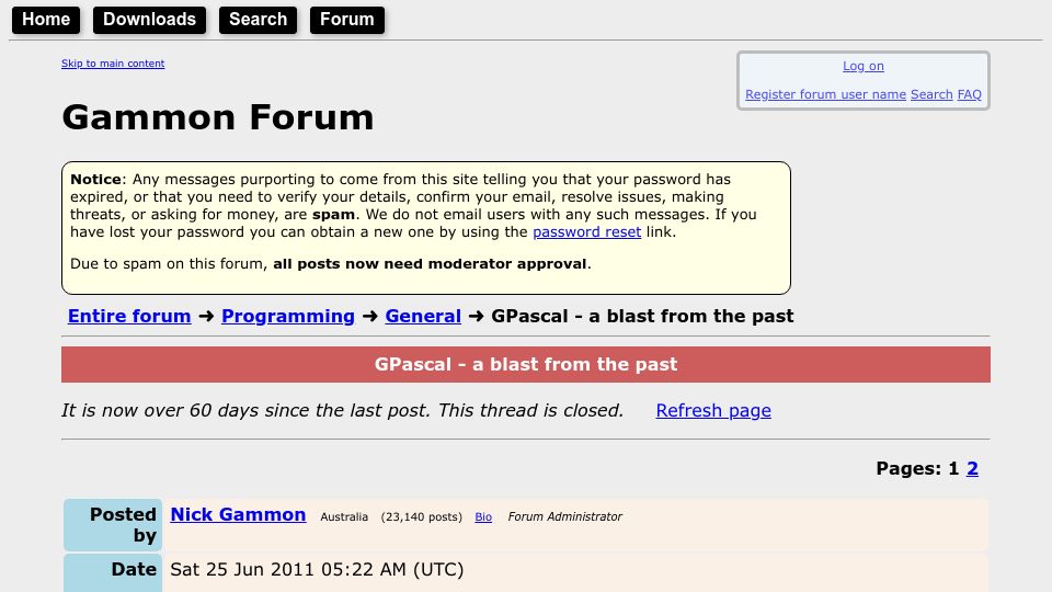 Screenshot of gammon.com.au: GPascal – A Blast from the Past (2011)