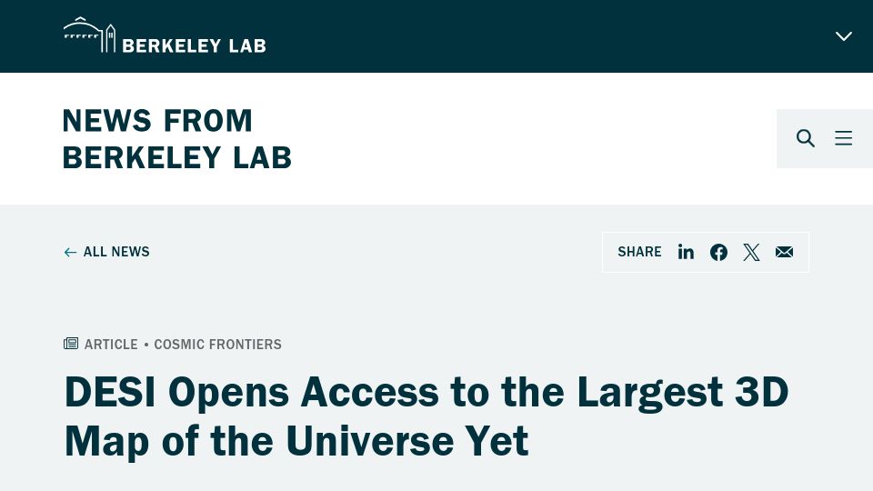 Screenshot of newscenter.lbl.gov: DESI Opens Access to the Largest 3D Map of the Universe Yet