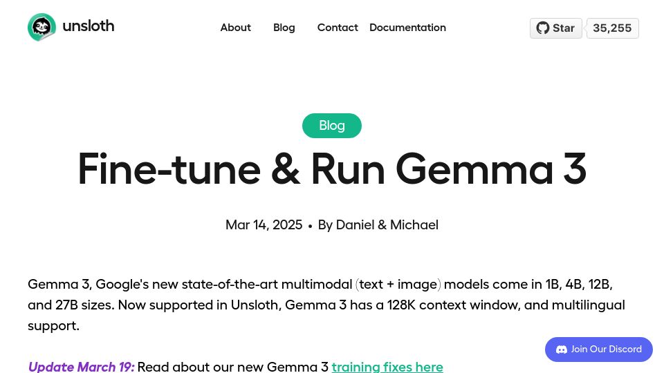 Screenshot of unsloth.ai: Fine-tune Google's Gemma 3