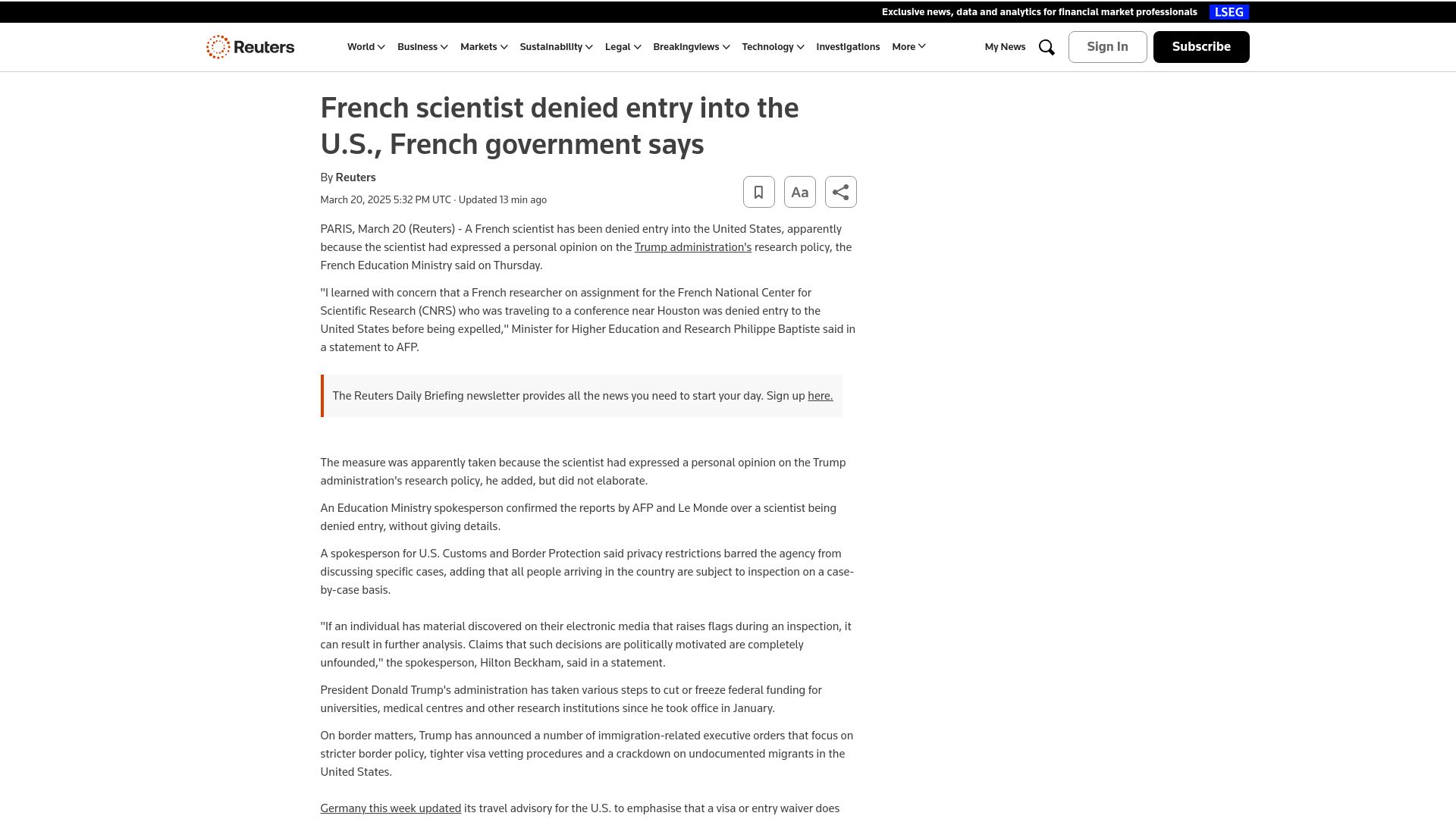 Screenshot of reuters.com: French scientist denied entry into the U.S., French government says
