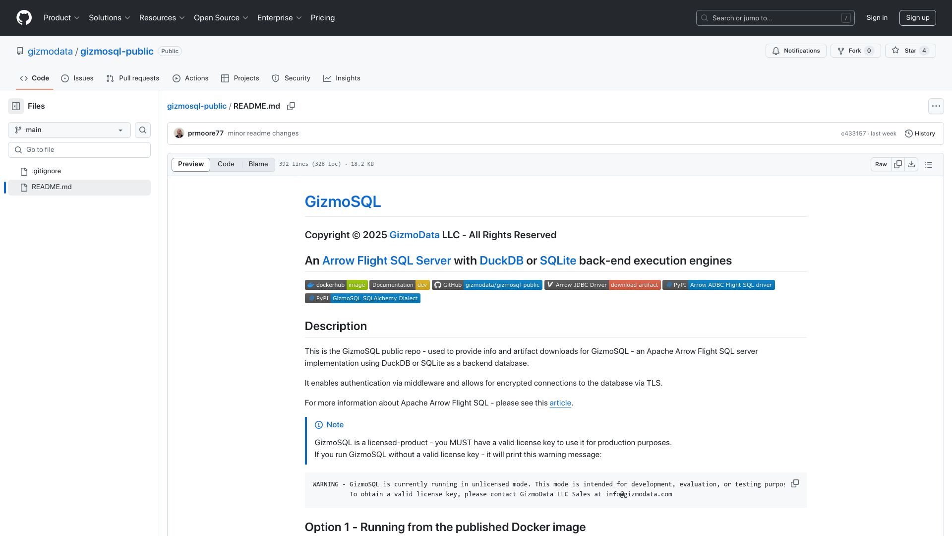 Screenshot of github.com: Show HN: GizmoSQL – Run DuckDB as a Server with Arrow Flight SQL